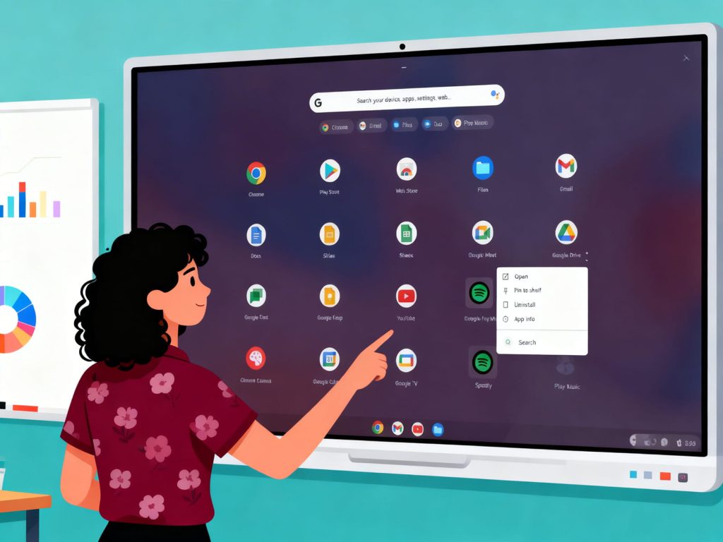 An educator interacting with a large interactive display showing the ChromeOS menu interface and various Google Workspace for Education apps.