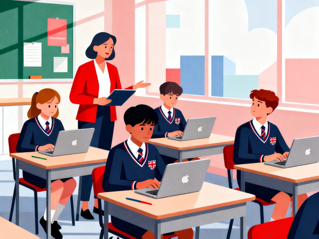 Students in school uniform working on laptops in a classroom, representing Google for Education funding packs provided by Getech.