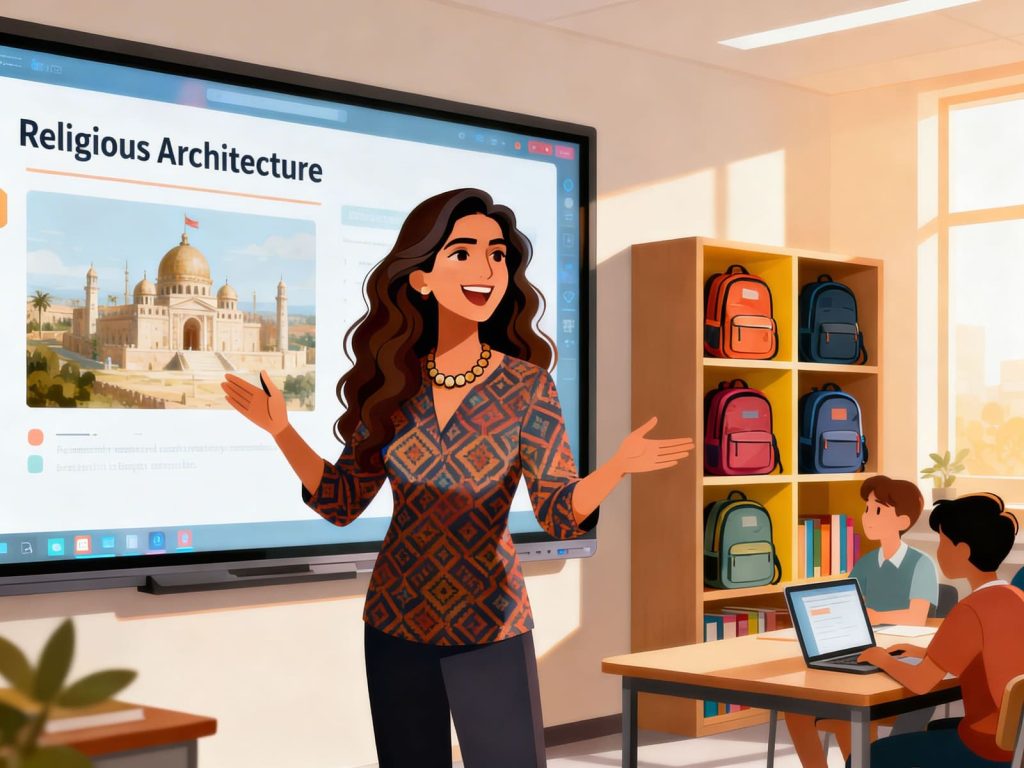 A teacher using a large interactive display to present a history lesson in a modern classroom equipped with laptops for digital learning.