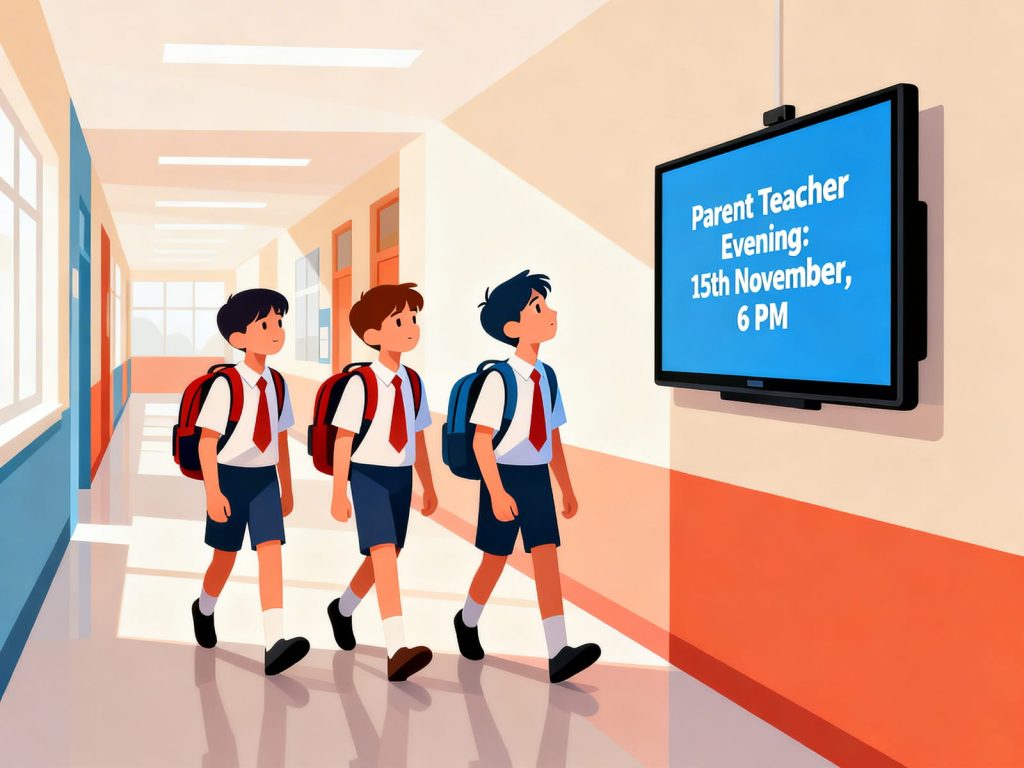 School students in a hallway looking at a wall-mounted digital signage screen displaying a Parent Teacher evening notice using TrilbyTV.